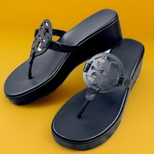 new Tory Burch *Perfect Black* Miller Leather Wedge 25mm Sandals Size 8
